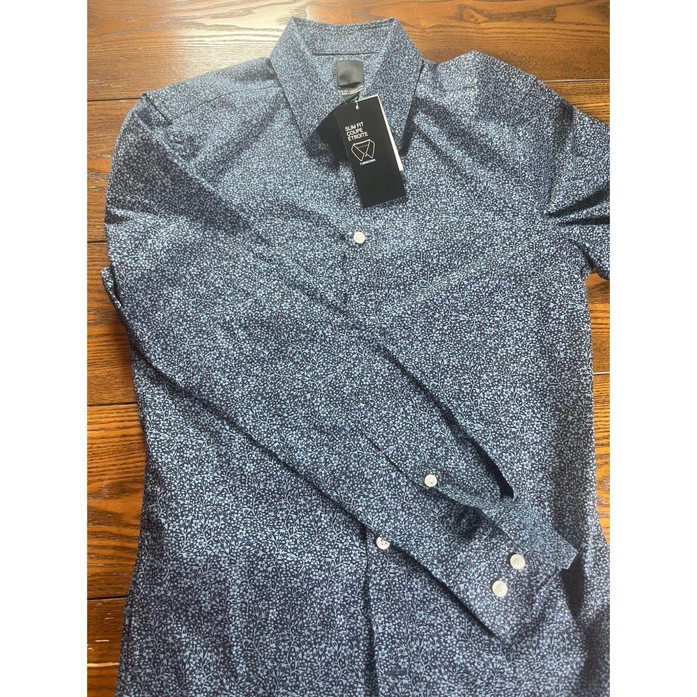 NEW H&M Easy Iron Men's Slim Fit Navy Floral Cotton Dress Shirt Size XS NWT